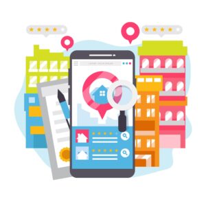 Illustration of a smartphone displaying a Google business search app, with a magnifying glass, checklist, and colorful buildings—perfect for showcasing Google Business Profile Tips for Minnesota and Wisconsin Small Businesses seeking property reviews.